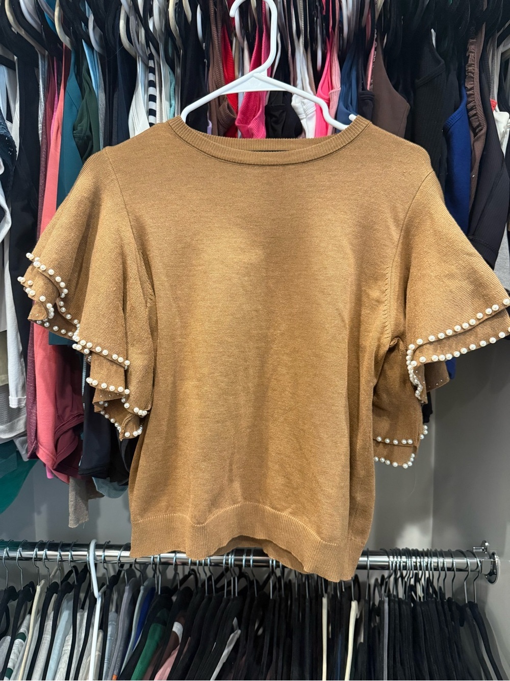Pearl-Trim Ruffle Sleeve Sweater Top in Camel-Size M - Picture 4 of 8